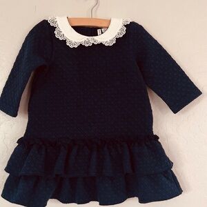 Elegant Navy Blue Kids Dress with Lace Collar
